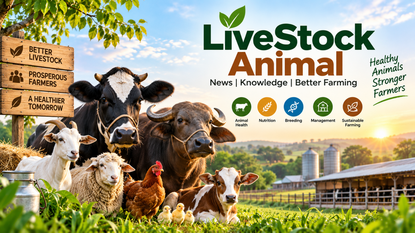 LiveStock Animal farming with cattle, buffalo, goats, sheep and poultry on a farm
