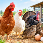 Poultry animals including chicken, duck, turkey and quail on a farm