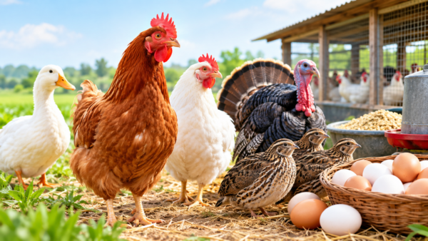 Poultry animals including chicken, duck, turkey and quail on a farm