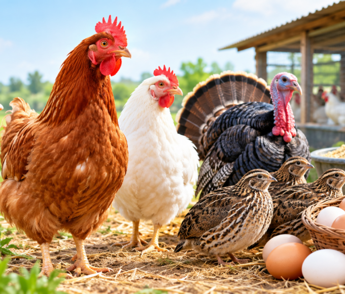 Poultry animals including chicken, duck, turkey and quail on a farm